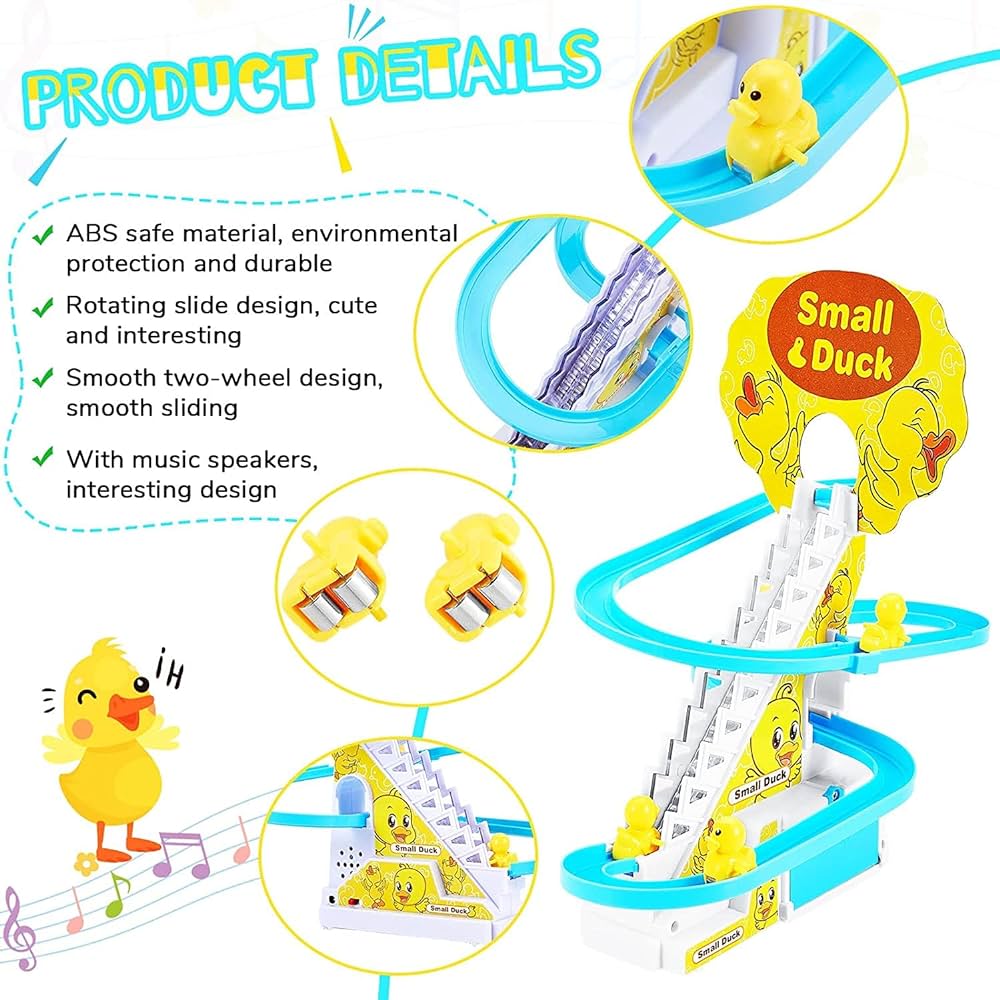 Kidology Electric Stair Climbing Track Toy for Kids, Duck Roller Coaster Toys with Flashing Lights and Music for Toddlers Boys and Girls (3 Duck Slide)